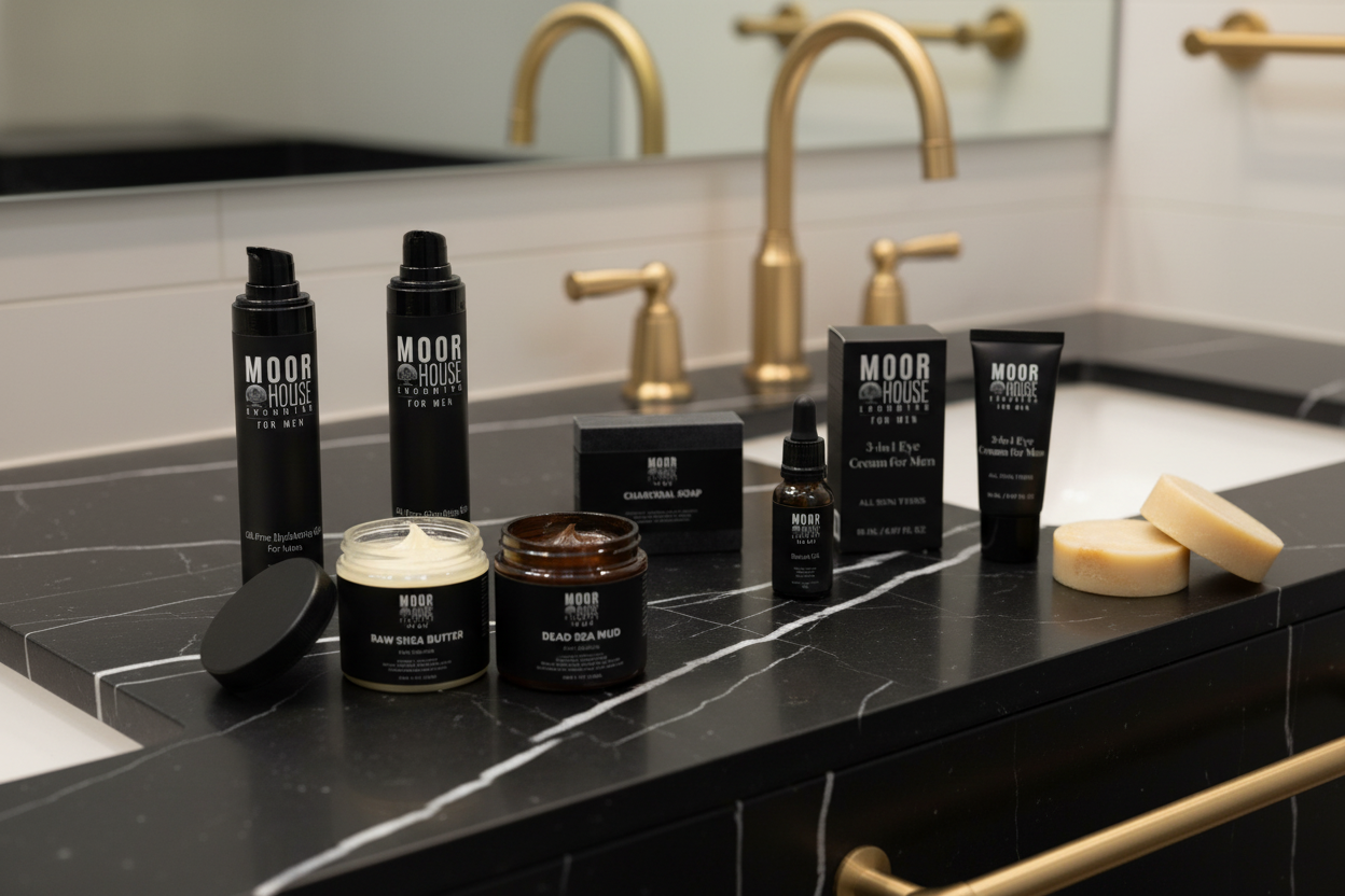 Moor House Grooming For Men product range — beard oil, raw shea butter, dead sea mud, charcoal soap, hydrating gel and eye cream