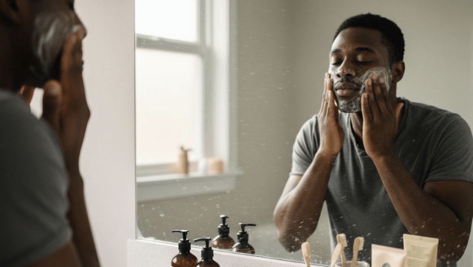 Man washing his face as part of his skincare routine
