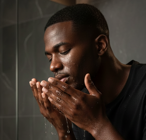 Man rinsing his face during his skincare routine