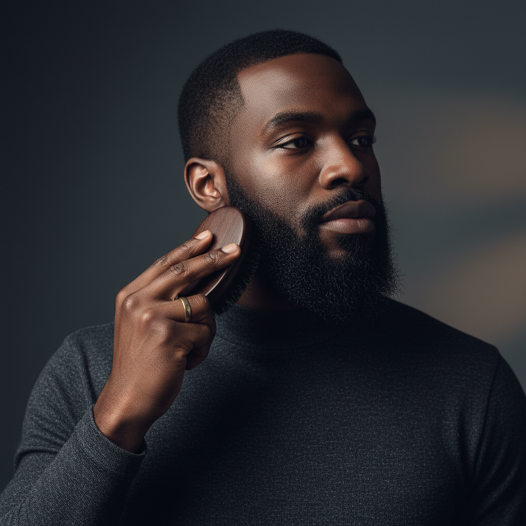 Man grooming his beard with a hardwood boar brush